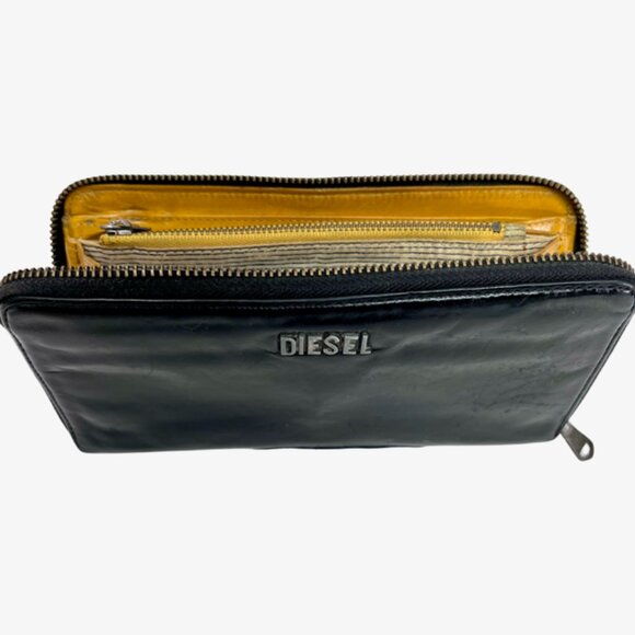Vgt  Diesel  Black Leather Wallet Full Zip Store Mone & Credit Card Logo (64) - Picture 2 of 11